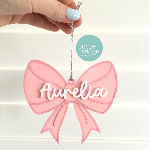 Christmas Tree Decoration - Pink Christmas Bow Ornament Personalised