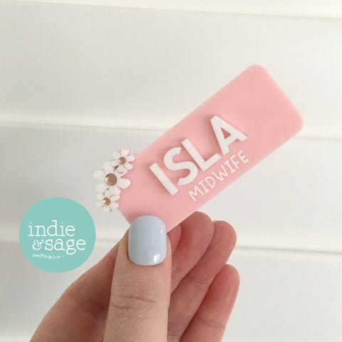 Personalised Name Badge - Light Pink, White and Rose Gold Flower Design
