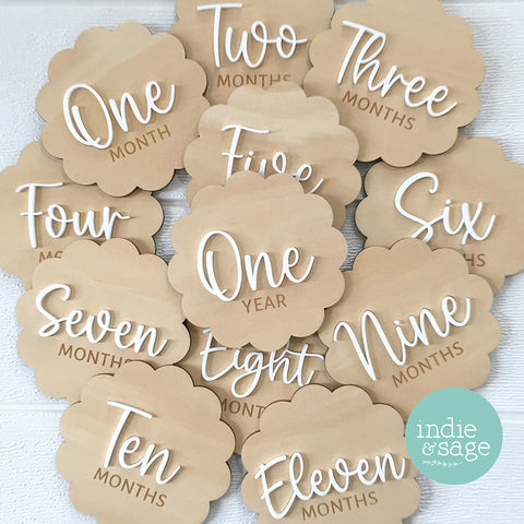 Scalloped Baby Milestone Disc Set - Wood and Acrylic (1 month to 1 year)