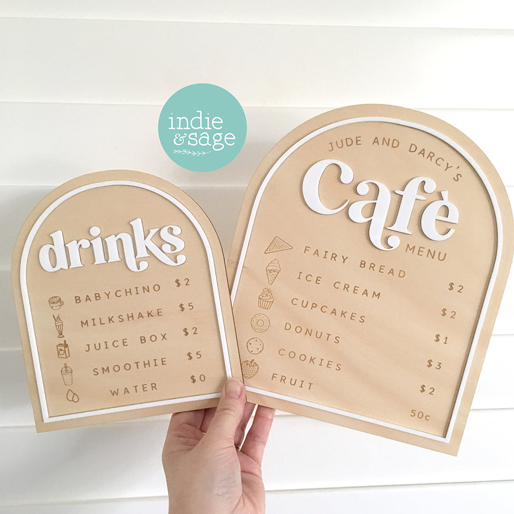 Personalised Kids Café Menu & Drinks Menu – Play Kitchen / Cubby House Pretend Play Sign