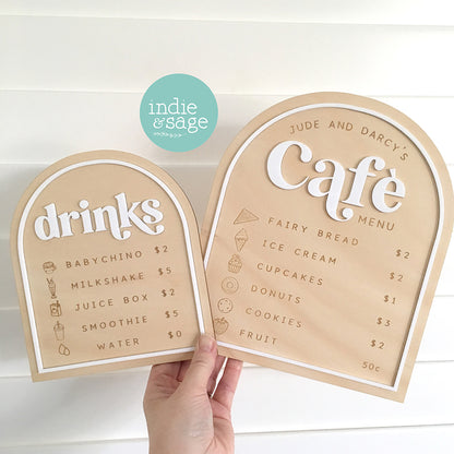 Personalised Kids Café Menu & Drinks Menu – Play Kitchen / Cubby House Pretend Play Sign