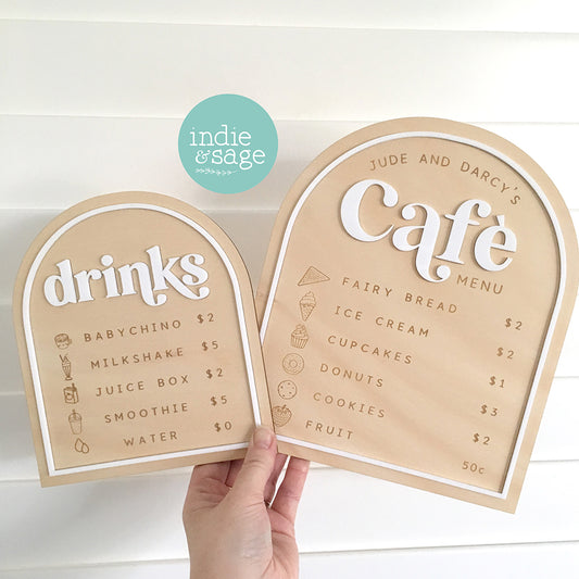 Personalised Kids Café Menu & Drinks Menu – Play Kitchen / Cubby House Pretend Play Sign