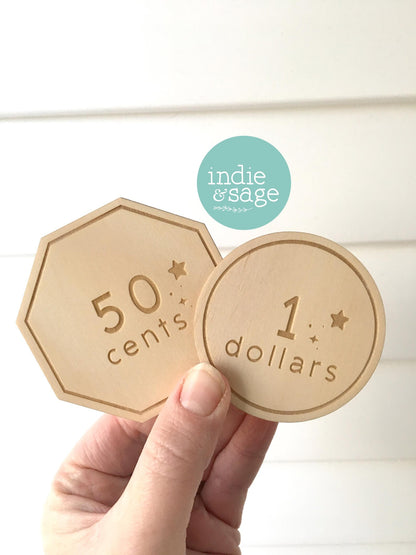Personalised Wooden Play Money Set | Kids Pretend Play Cash | Play Kitchen & Café Toy | Wooden Toy Money | Kids Gift