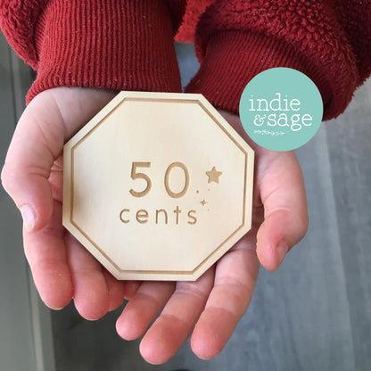 Personalised Wooden Play Money Set | Kids Pretend Play Cash | Play Kitchen & Café Toy | Wooden Toy Money | Kids Gift