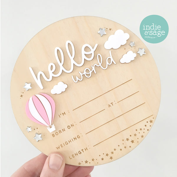 Hello World Birth Announcement Plaque – Pink Baby Girl Sign – Newborn Photo Prop – Hot Air Balloon