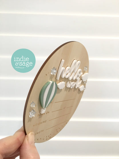 Wooden hello world baby plaque sage nursery decor