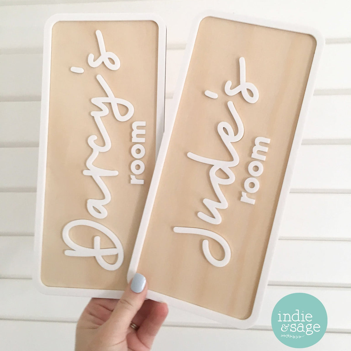 Personalised nursery and bedroom name signs for kids rooms. Custom timber and acrylic name signs perfect for nursery decor, sibling bedrooms and modern playrooms.
