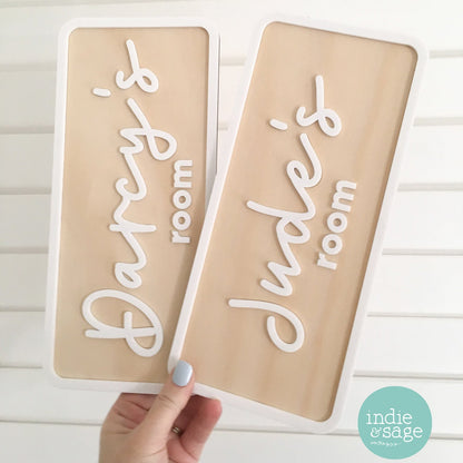 Personalised nursery and bedroom name signs for kids rooms. Custom timber and acrylic name signs perfect for nursery decor, sibling bedrooms and modern playrooms.