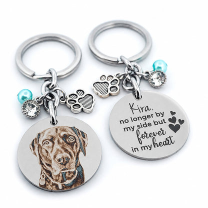 Angled view of a personalised dog memorial keychain with a custom engraved pet portrait and engraved remembrance message, designed as a thoughtful pet loss keepsake gift.