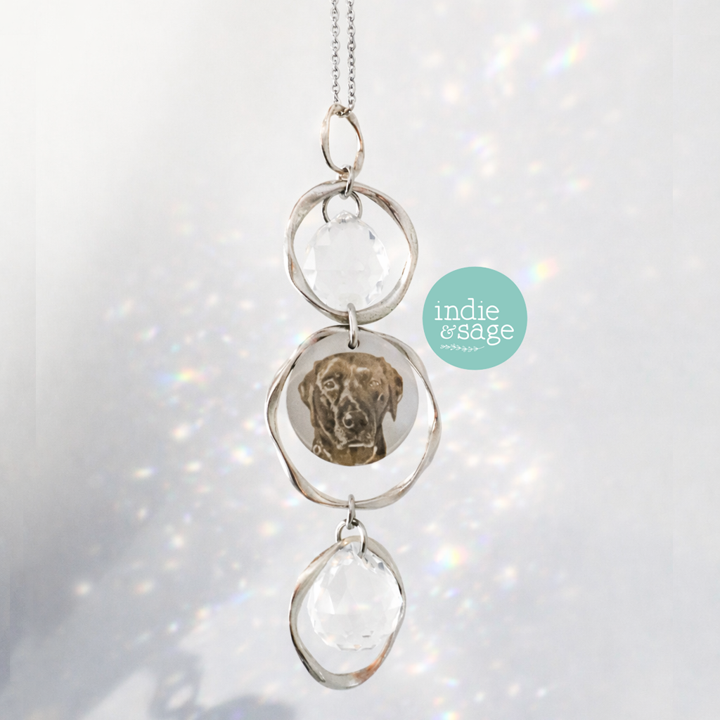 Personalised pet memorial suncatcher with engraved dog portrait catching rainbow light