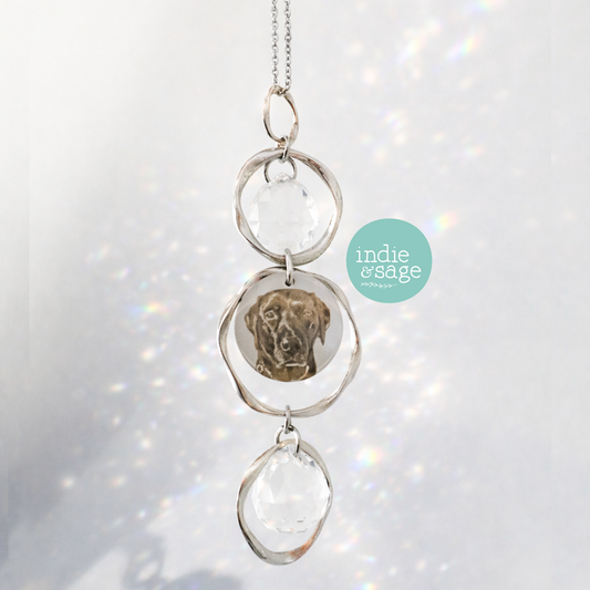 Personalised pet memorial suncatcher with engraved dog portrait catching rainbow light