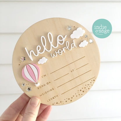 Baby birth details plaque with mirror acrylic stars pink balloon