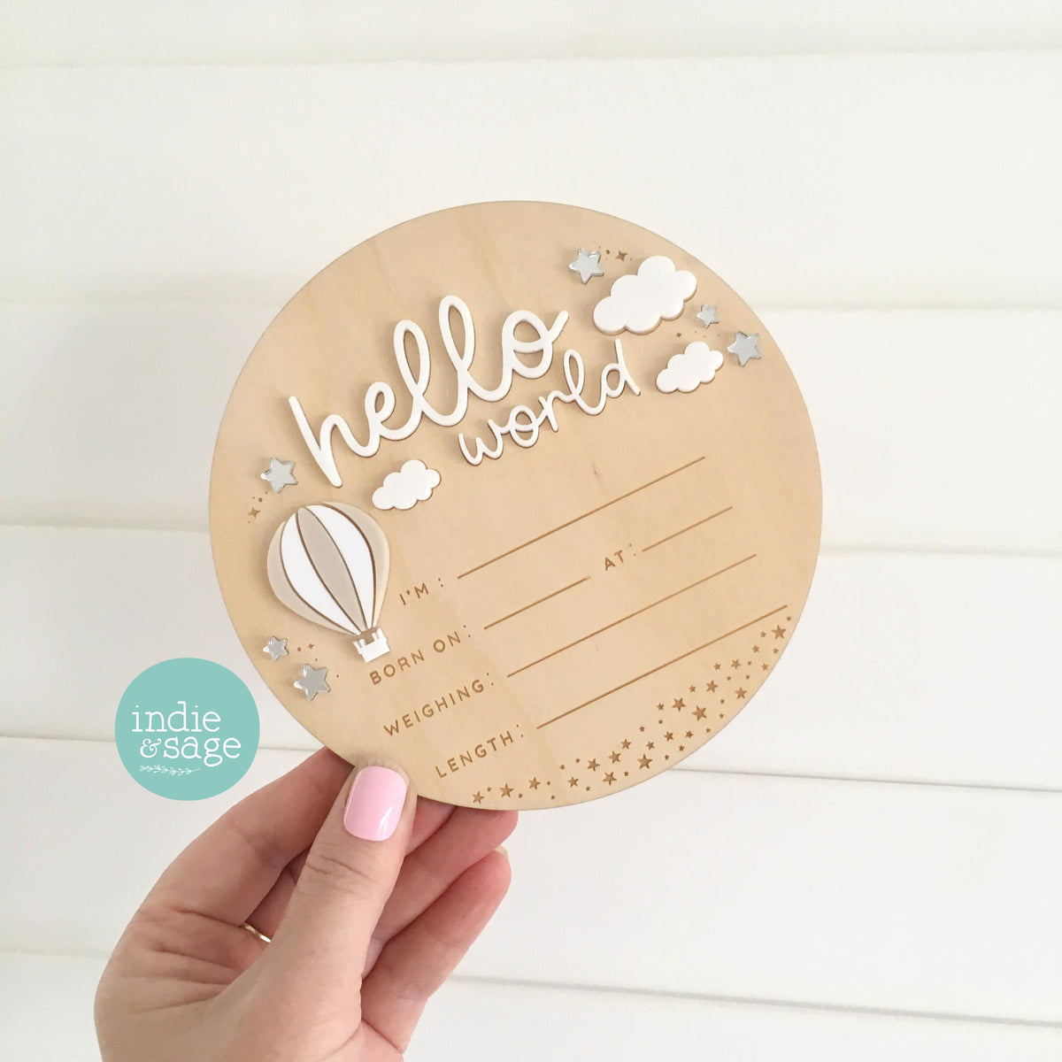 Hello world birth announcement plaque latte neutral baby sign cloud design
