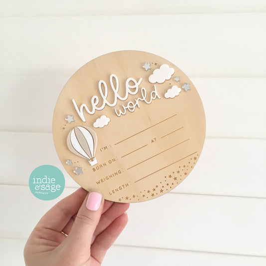Hello world birth announcement plaque latte neutral baby sign cloud design