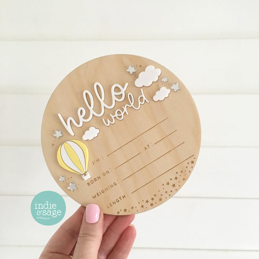 Hello world birth announcement plaque neutral baby sign hot air balloon
