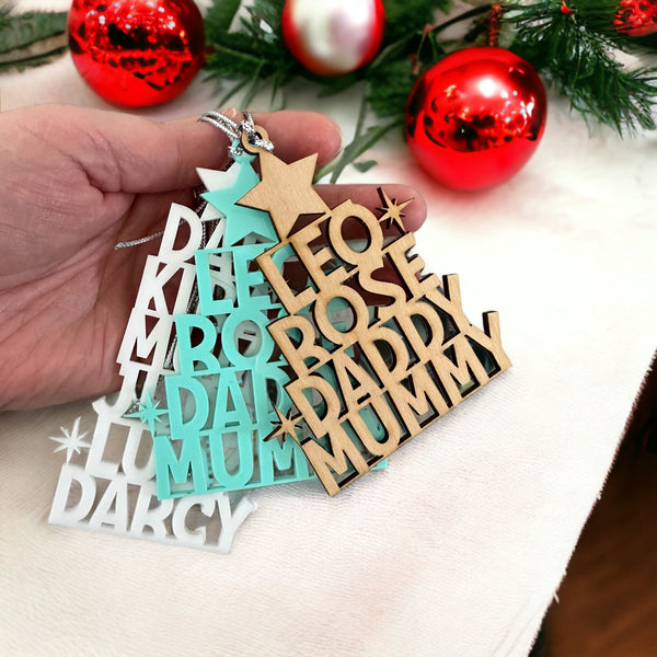Christmas Tree Decoration - Personalised Family Ornament [Choose your colour]
