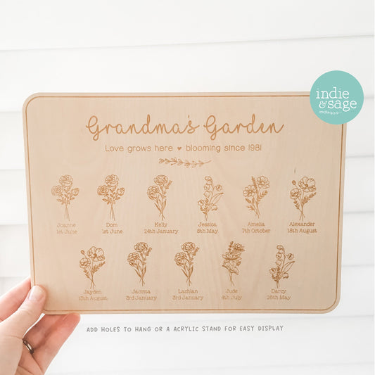 Personalised Grandma’s Garden Sign | Birth Flower Family Plaque Gift