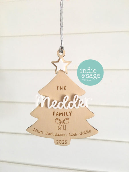 Personalised Christmas Tree Ornament Custom Family Name Design Modern Holiday Keepsake White Acrylic Lettering Wood Layer Construction Individual Names Display Year Customization Premium Quality Handcrafted Family Memory Collection