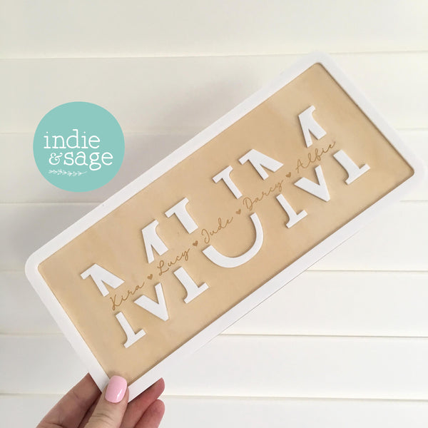 Personalised Mum name sign with layered acrylic letters and engraved children names, the perfect keepsake for mum this mothers day which she can display proudly in her home or office.
