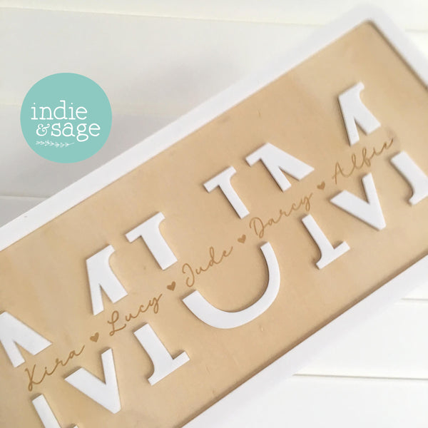 Mothers Day Plaque - Engraved Timber with Family Names & Acrylic - Gift for Mum