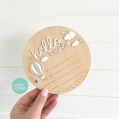 Hello World Birth Announcement Sign - Neutral Baby Announcement Cloud Design