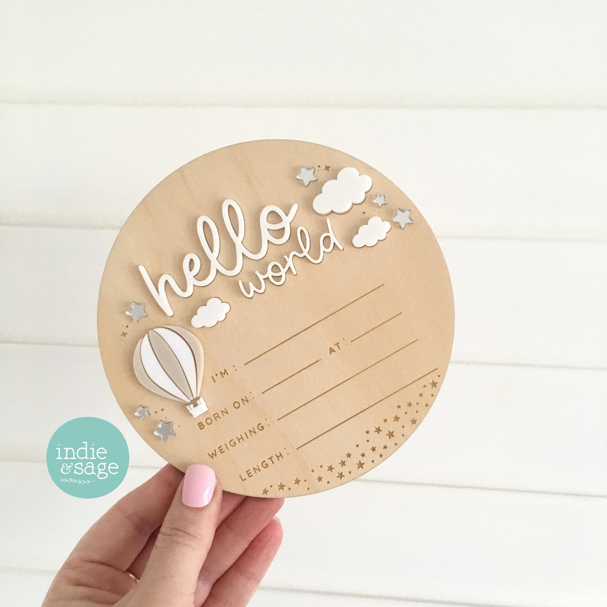 Hello World Birth Announcement Sign - Neutral Baby Announcement Cloud Design