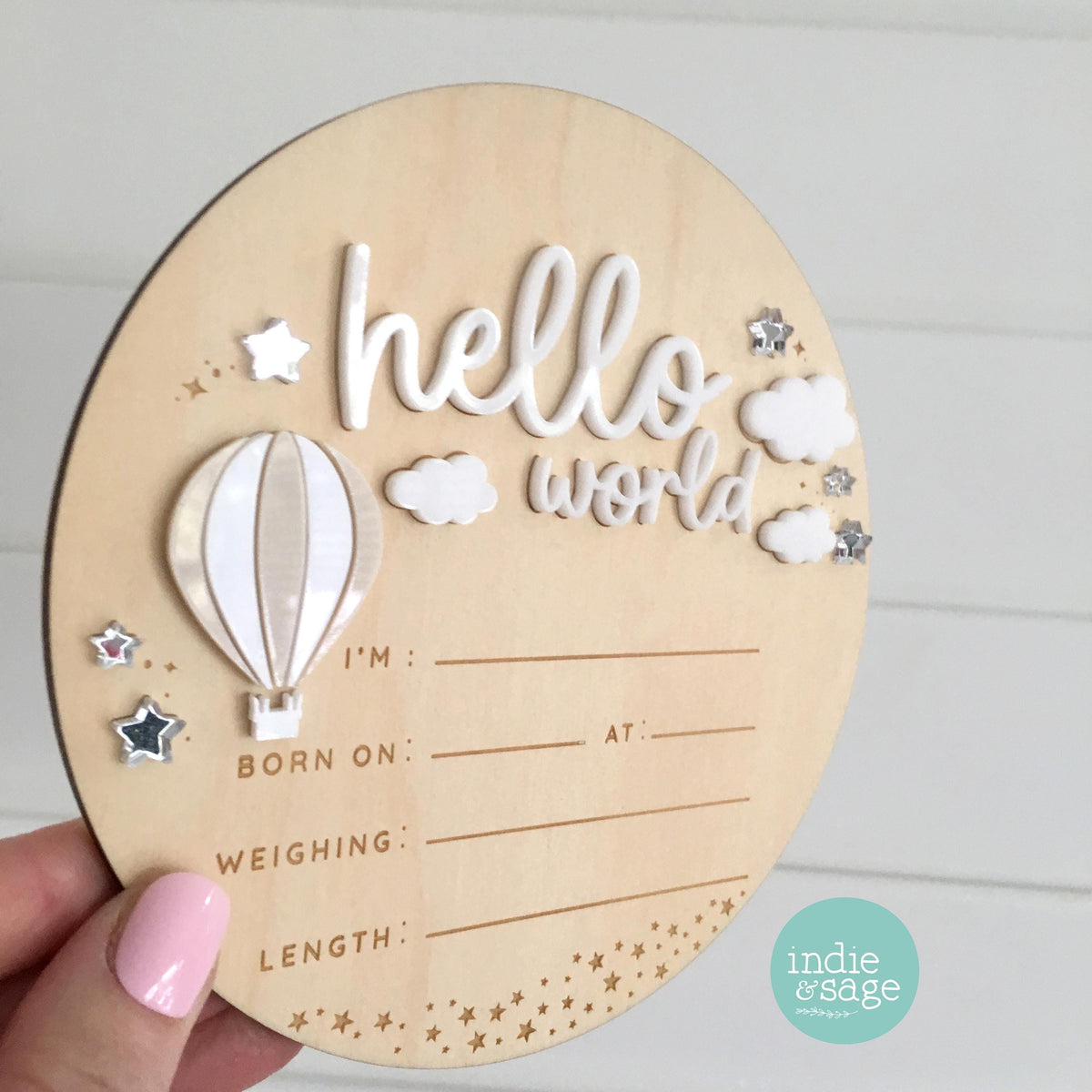 Hello World Birth Announcement Sign - Neutral Baby Announcement Cloud Design