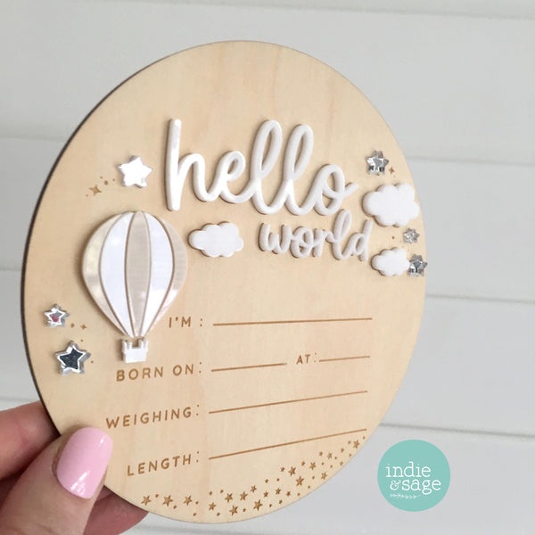 Hello World Birth Announcement Sign - Neutral Baby Announcement Cloud Design