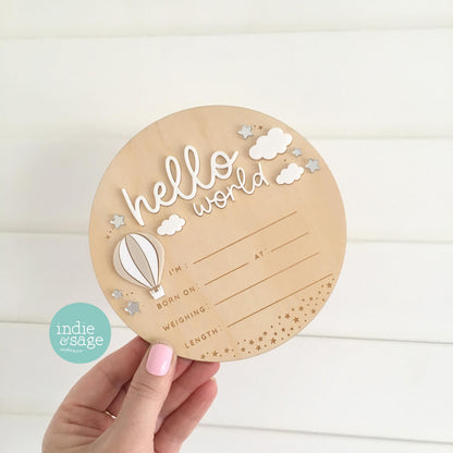 Hello World Birth Announcement Sign - Neutral Baby Announcement Cloud Design