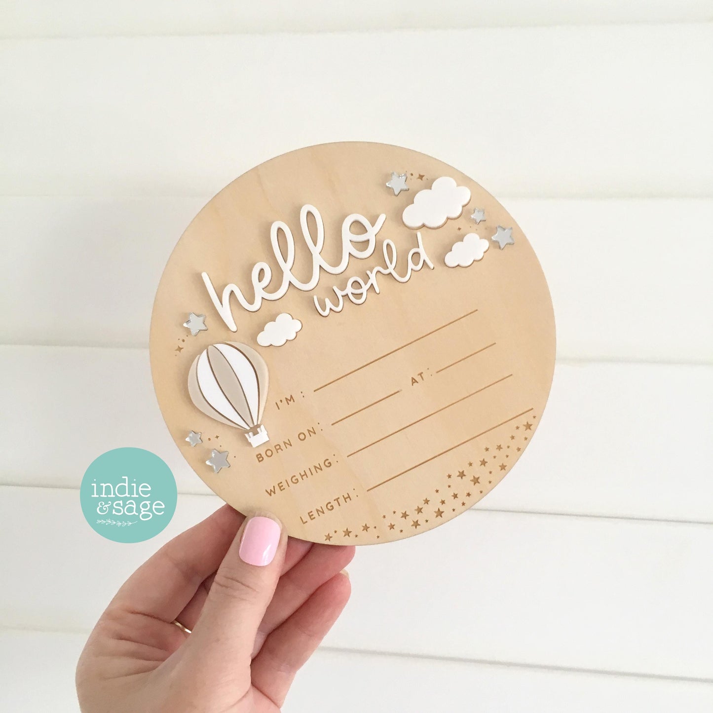 Hello World Birth Announcement Sign - Neutral Baby Announcement Cloud Design