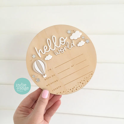 Hello World Birth Announcement Sign - Neutral Baby Announcement Cloud Design