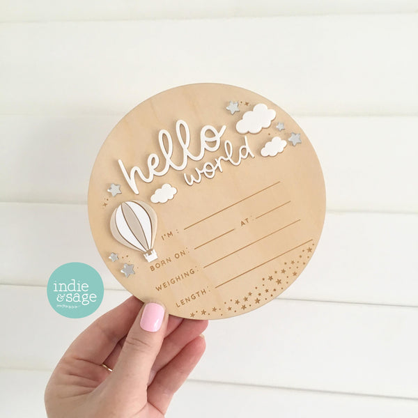 Hello World Birth Announcement Sign - Neutral Baby Announcement Cloud Design