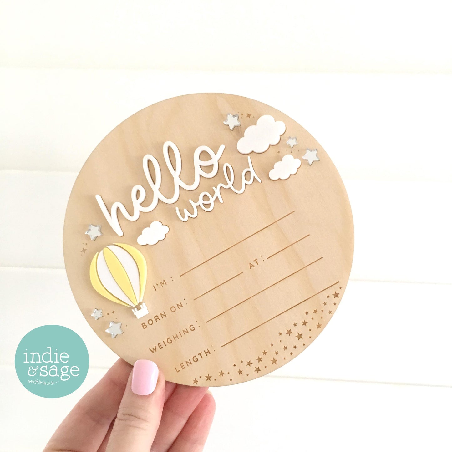 Hello World Birth Announcement Sign - Neutral Baby Announcement Hot Air Balloon Cloud Design