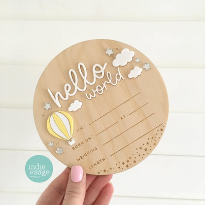 Hello World Birth Announcement Sign - Neutral Baby Announcement Hot Air Balloon Cloud Design