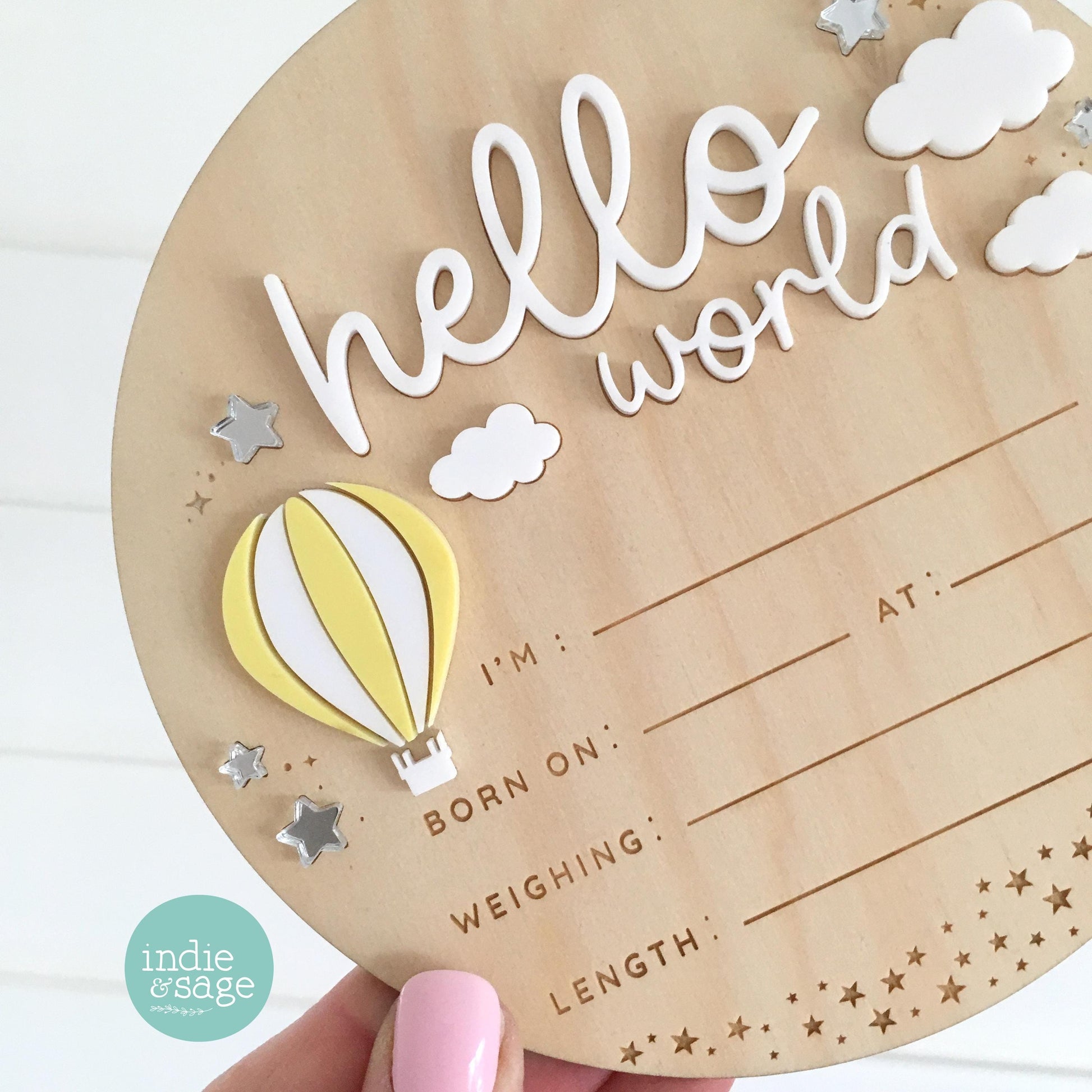 Hello World Birth Announcement Sign - Neutral Baby Announcement Hot Air Balloon Cloud Design