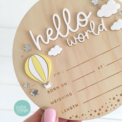 Hello World Birth Announcement Sign - Neutral Baby Announcement Hot Air Balloon Cloud Design