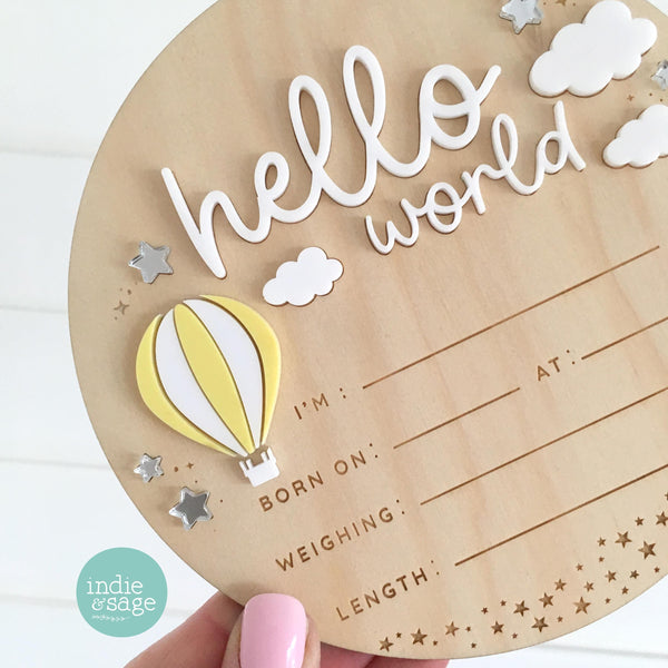 Hello World Birth Announcement Sign - Neutral Baby Announcement Hot Air Balloon Cloud Design