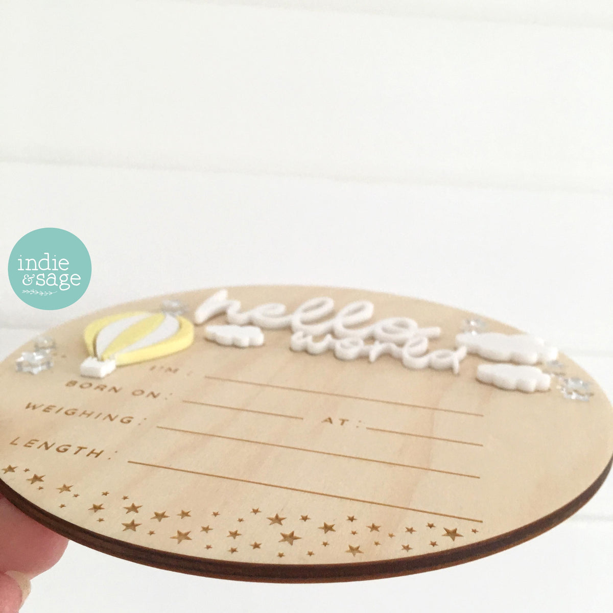 Hello World Birth Announcement Sign - Neutral Baby Announcement Hot Air Balloon Cloud Design