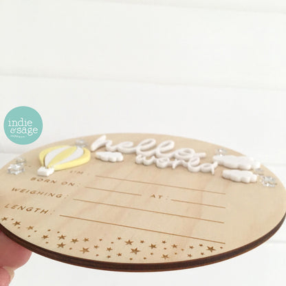 Hello World Birth Announcement Sign - Neutral Baby Announcement Hot Air Balloon Cloud Design