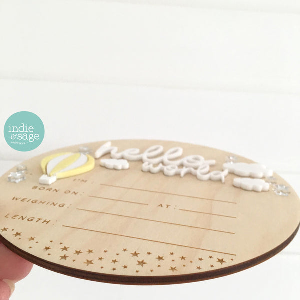 Hello World Birth Announcement Sign - Neutral Baby Announcement Hot Air Balloon Cloud Design