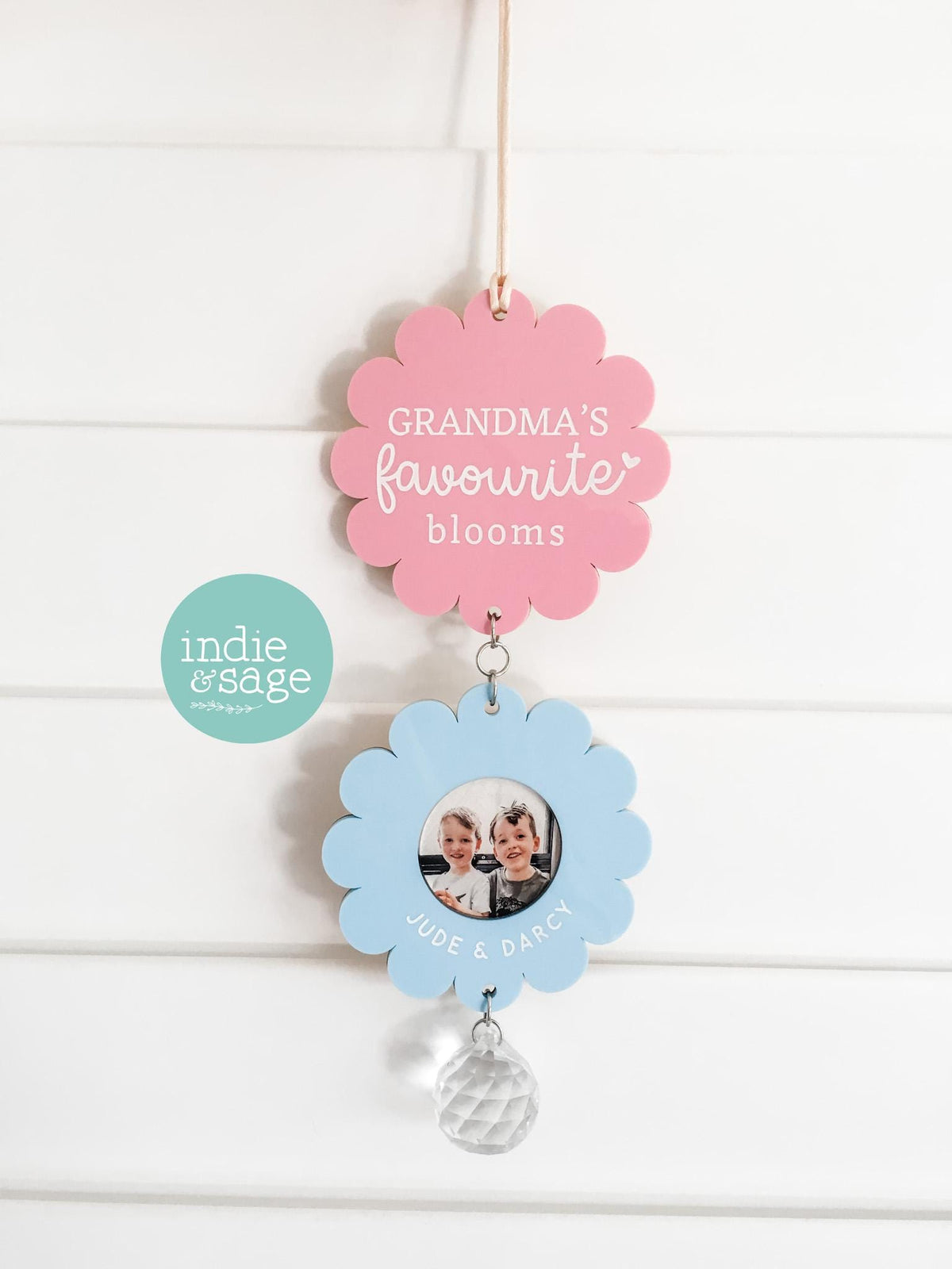 Grandma favourite blooms personalised photo wall hanging with crystal suncatcher