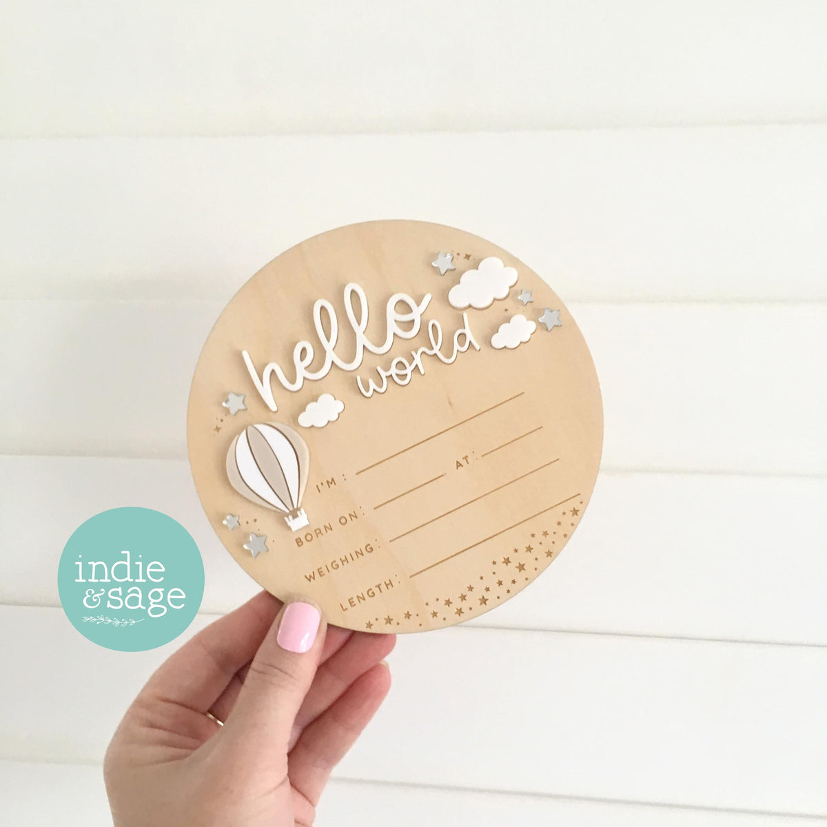 Hello World Birth Announcement Sign - Neutral Baby Announcement Cloud Design