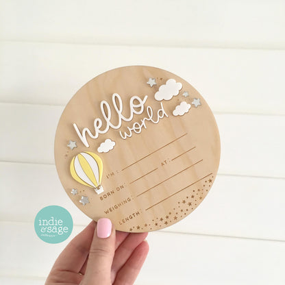 Hello World Birth Announcement Sign - Neutral Baby Announcement Hot Air Balloon Cloud Design