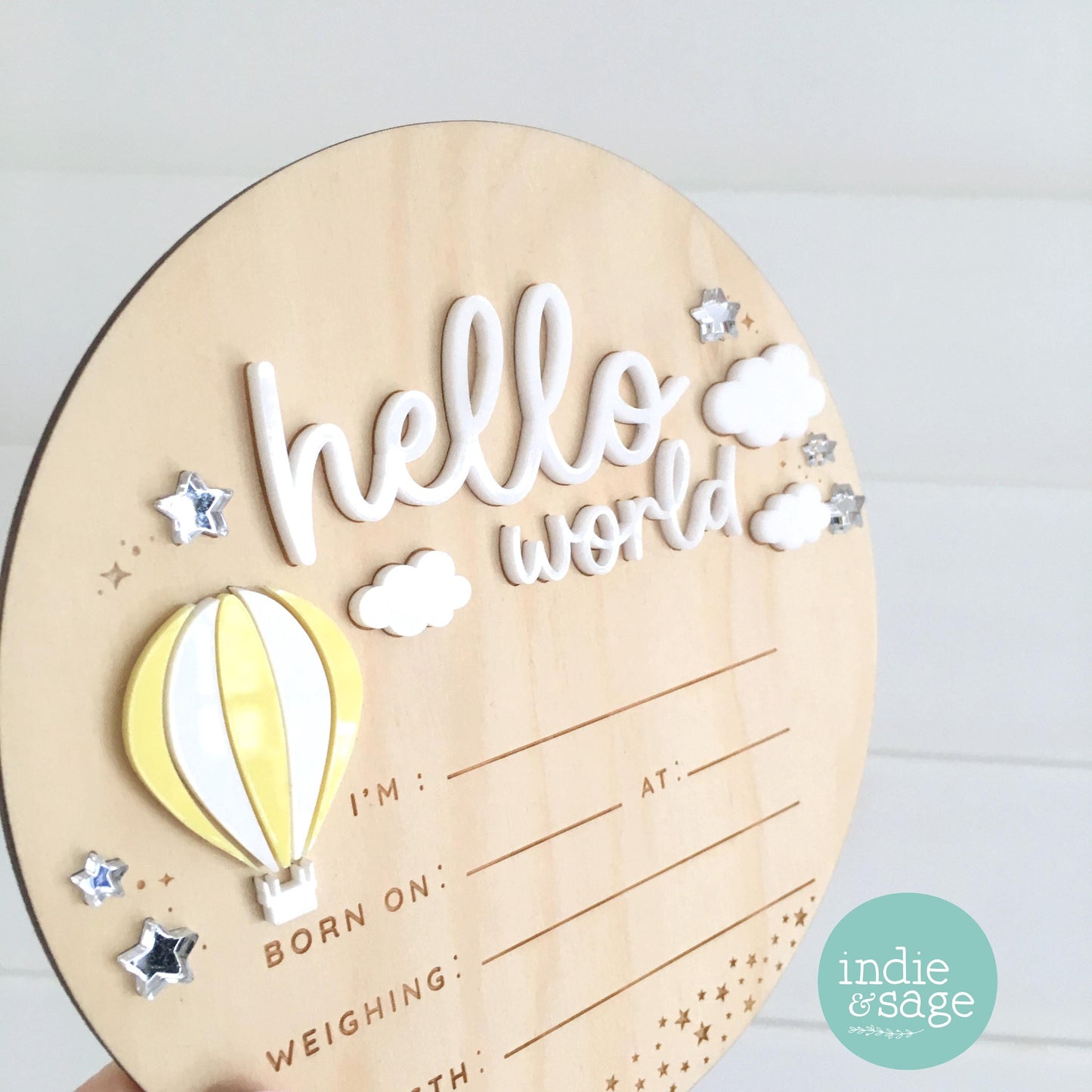 Hello World Birth Announcement Sign - Neutral Baby Announcement Hot Air Balloon Cloud Design