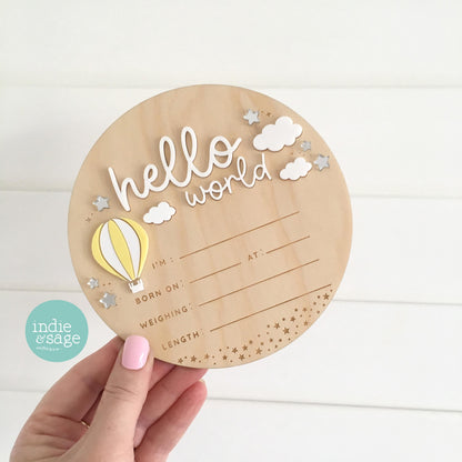 Hello World Birth Announcement Sign - Neutral Baby Announcement Hot Air Balloon Cloud Design