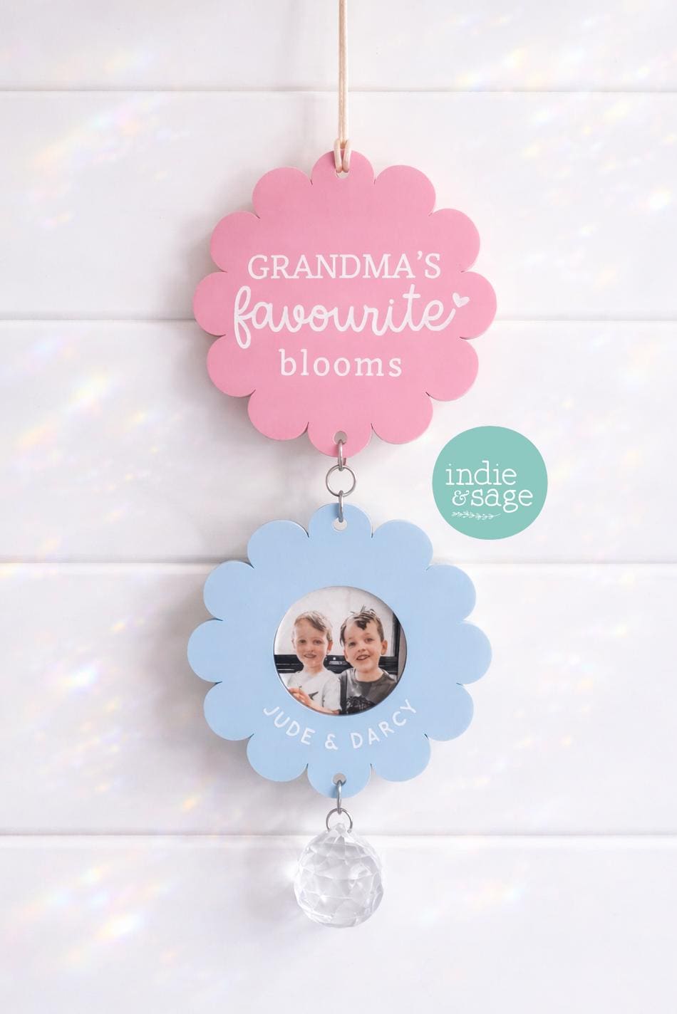 Personalised Grandma gift with kids photos, flower plaques and crystal suncatcher, unique Mother’s Day keepsake