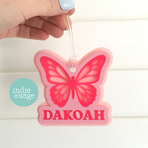 Butterfly Bag Tag - Personalised Layered Acrylic Bag Tag for Girls | School Bag Tag | Custom School Bag Tag Keyring | Party Bag Fillers