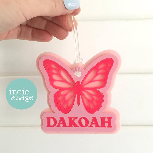 Butterfly Bag Tag - Personalised Layered Acrylic Bag Tag for Girls | School Bag Tag | Custom School Bag Tag Keyring | Party Bag Fillers
