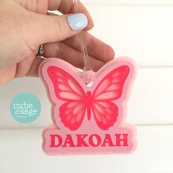Butterfly Bag Tag - Personalised Layered Acrylic Bag Tag for Girls | School Bag Tag | Custom School Bag Tag Keyring | Party Bag Fillers