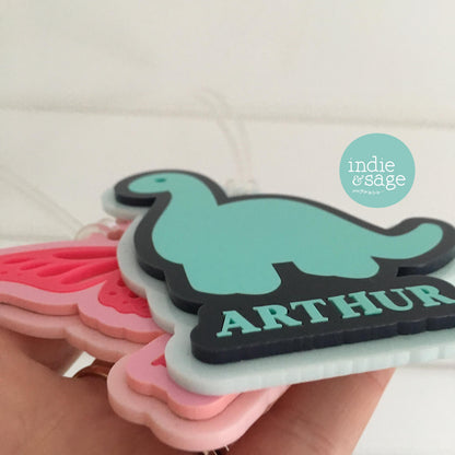 Dinosaur Bag Tag - Personalised Layered Acrylic Bag Tag for Boys | School Bag Tag | Custom School Bag Tag Keyring | Party Bag Fillers